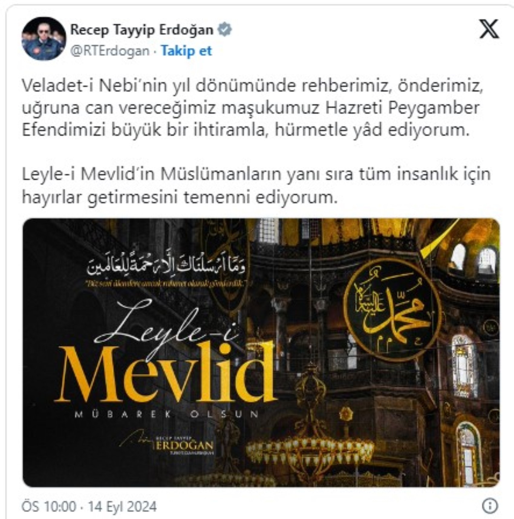 Cumhurbaşkanı Erdoğan'dan Mevlit Kandili Mesajı: 1501. Yıl Dönümü