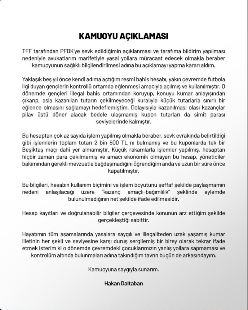PFDK'ya Sevk Edilen Hakan Daltaban'dan Bahis Hesabı Açıklaması
