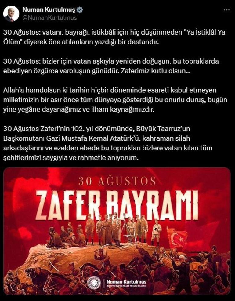 TBMM Başkanı Kurtulmuş'tan 30 Ağustos Zafer Bayramı Mesajı