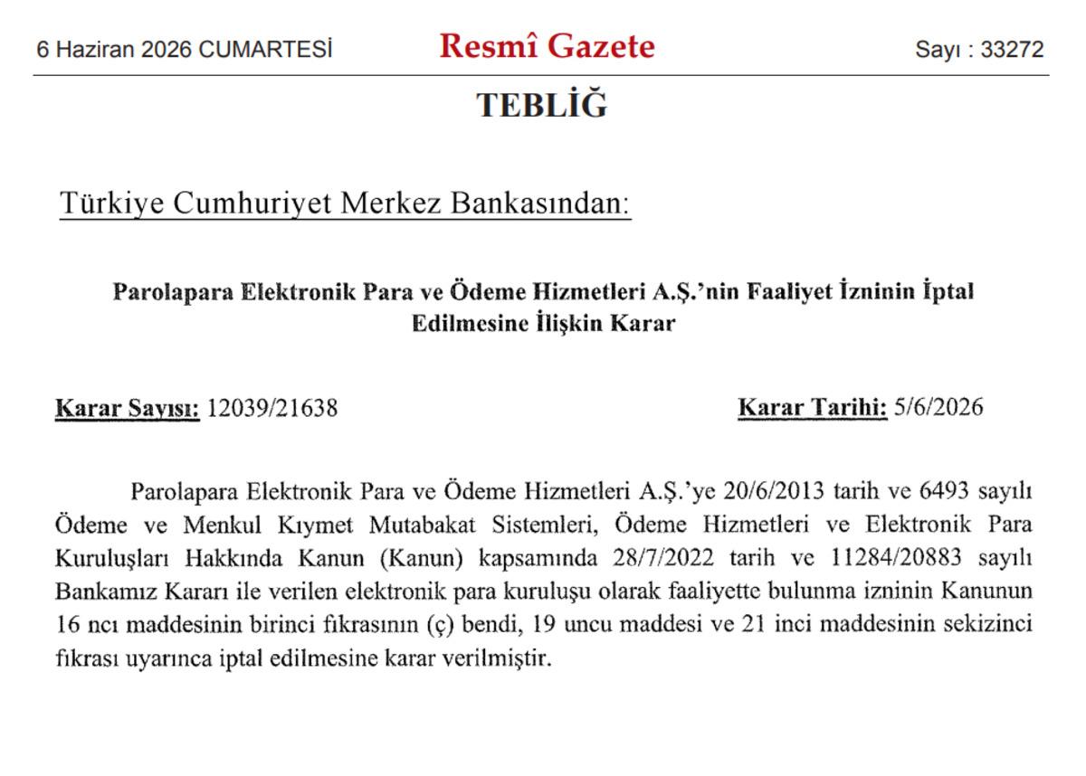 TCMB, Parakolay Elektronik Para A.Ş.'nin Faaliyet İznini İptal Etti